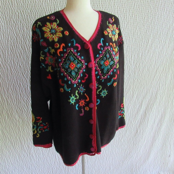 Funky Colorful Art-to-Wear Embroidered Cardigan Sweater Work in Progress Sz L - Picture 4 of 12